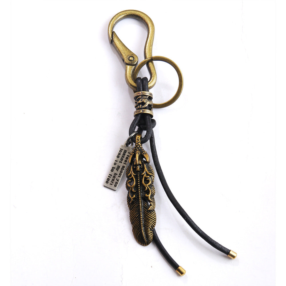 Wholesale retro woven cowhide keychain creative design bronze pendant